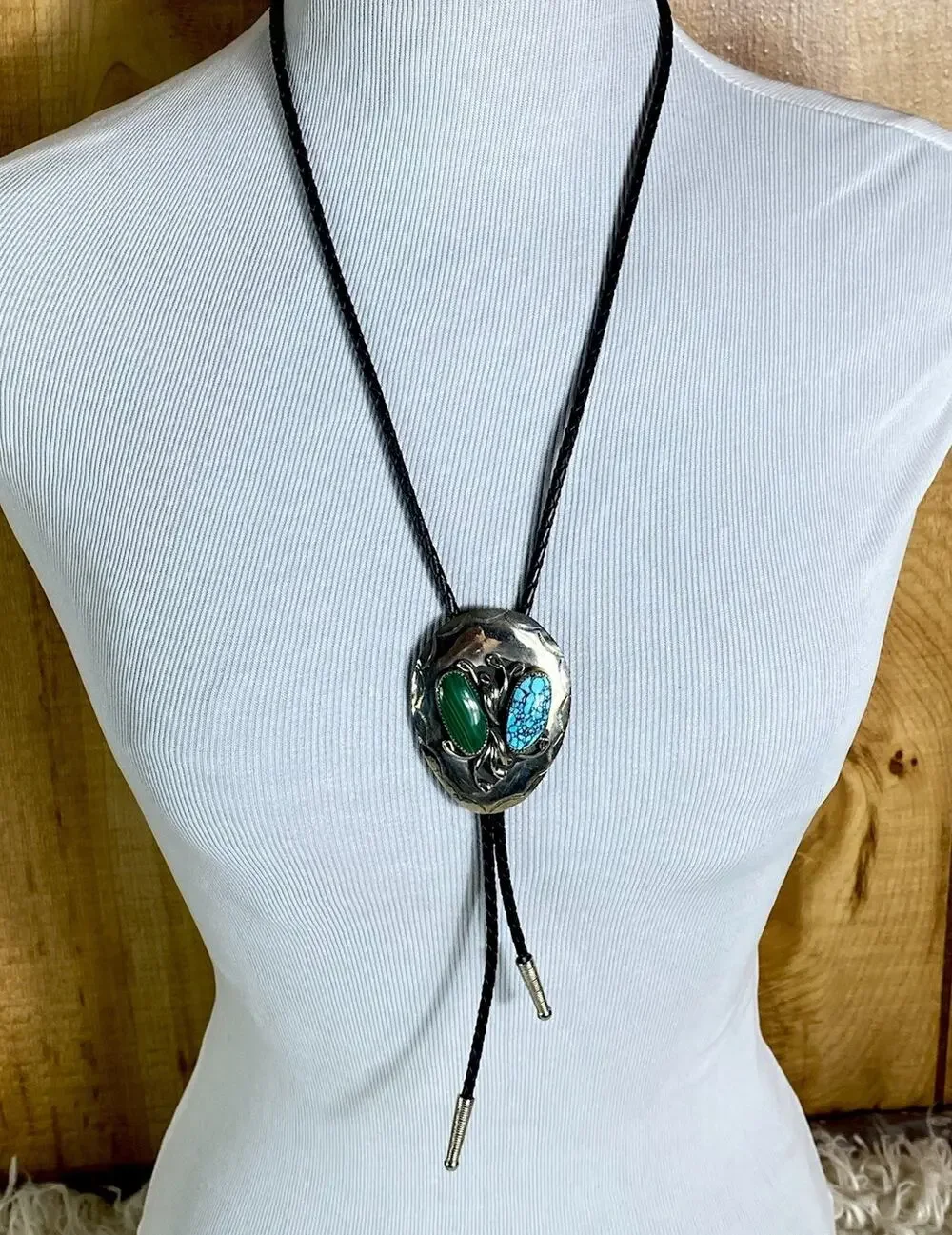 Native American Silver Plated Turquoise & Malachite Braided Black Leather Bolo